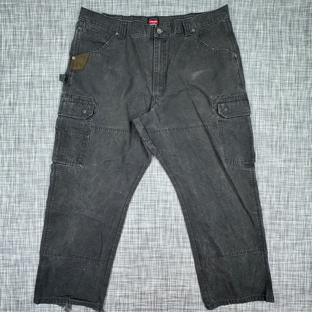Wrangler Mens 42x30 Cargo Pants Black Cotton Ripstop Double Knee Workwear Worn